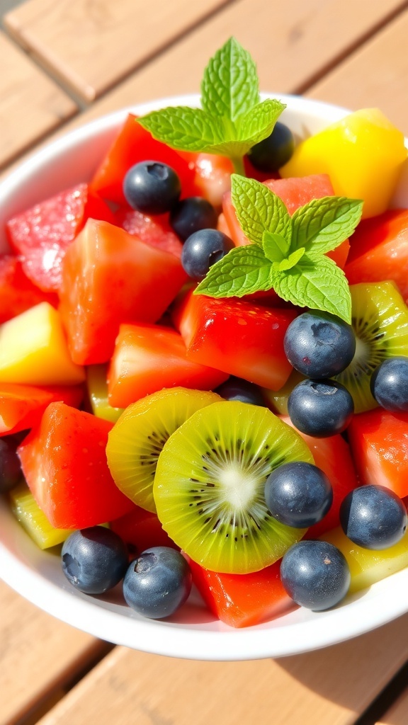 Juicy Fruit Salad Recipe A colorful fruit salad with watermelon, strawberries, kiwi, blueberries, and mint leaves in a bowl.
